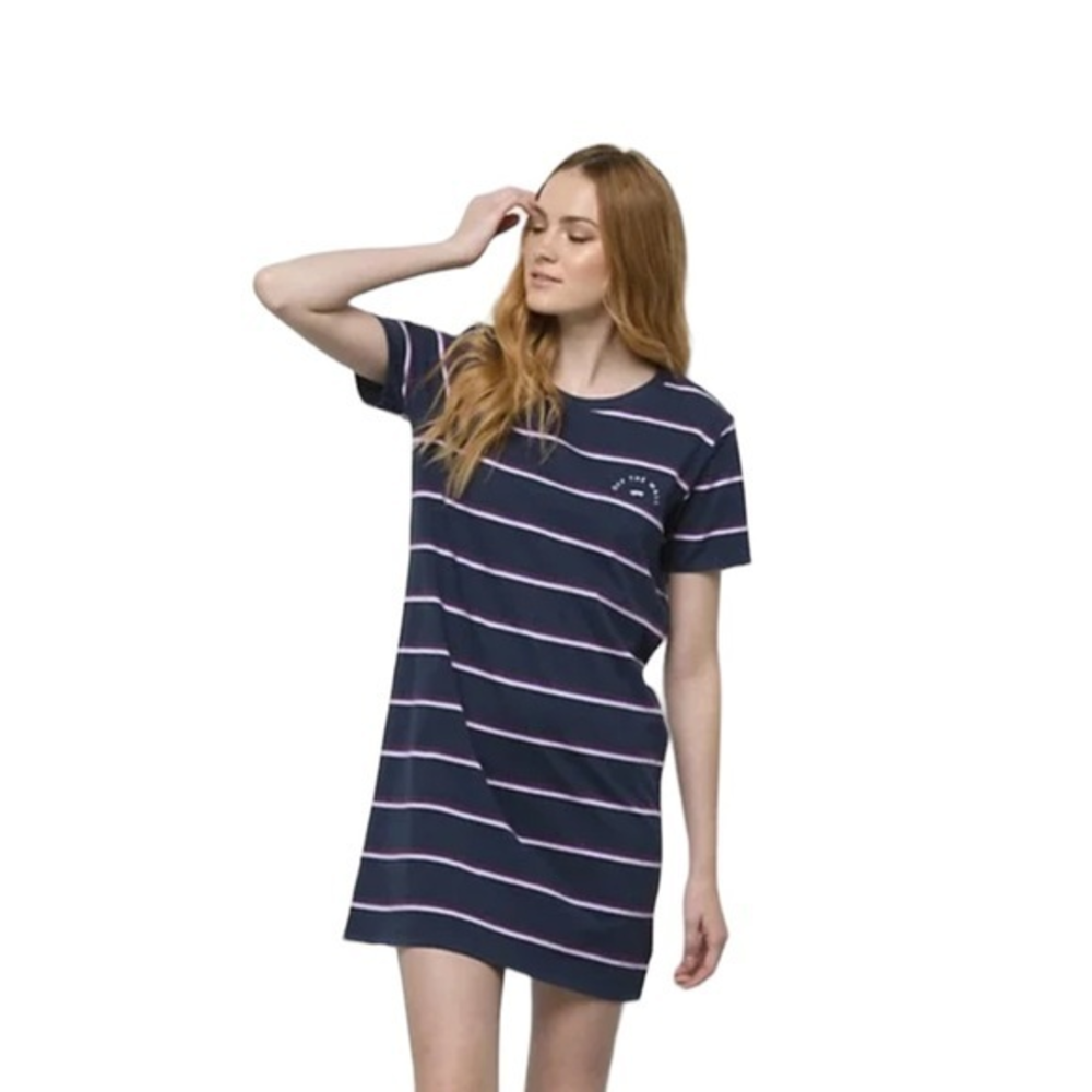 Vans Women’s “Off The Wall” Navy Purple Chromatic Stripe T-shirt Dress‎ Sz Large